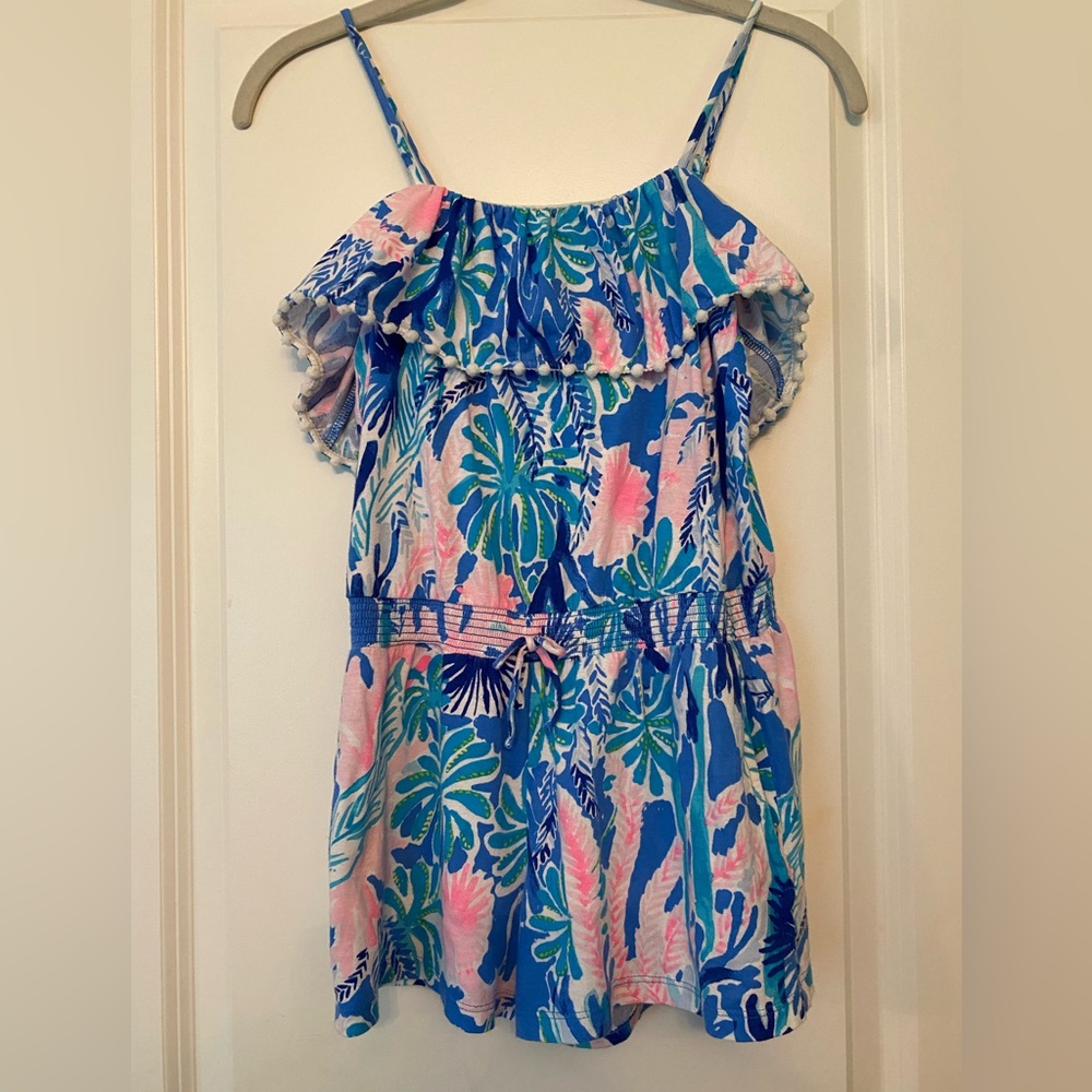 Lilly Pulitzer girls L (8-10) Tropical Blue and Pink Ruffle Rmper, side pockets